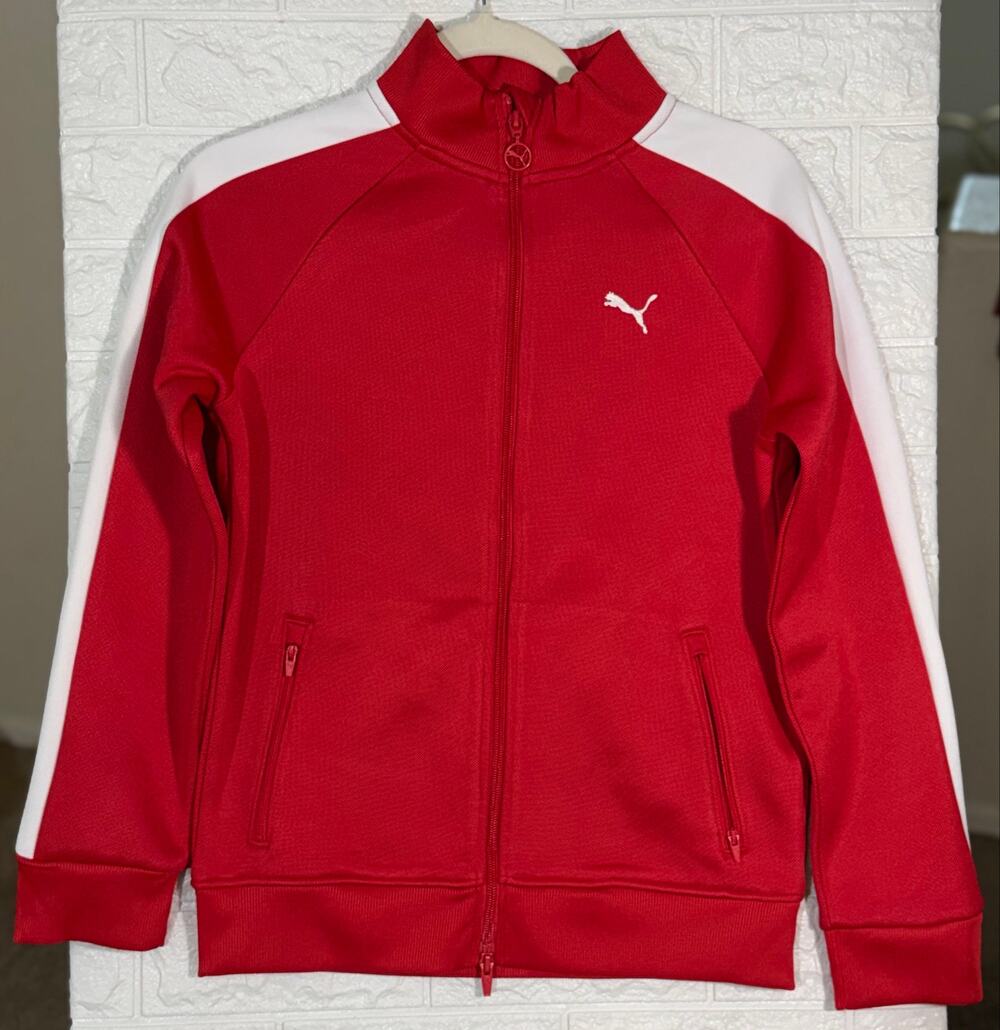 Puma Kids Youth L Red White Full-Zip Track Jacket Colorblock Zip Pockets